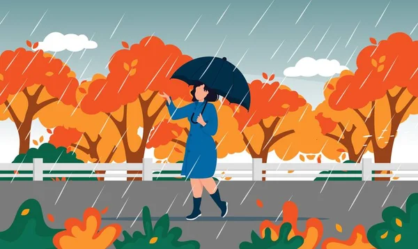 Autumn landscape city woman umbrella rain puddles of yellow trees.