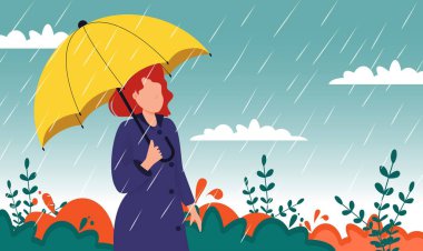 Sonbahar manzarası kadın şemsiyesi yağmur suları sarı ağaçlar.