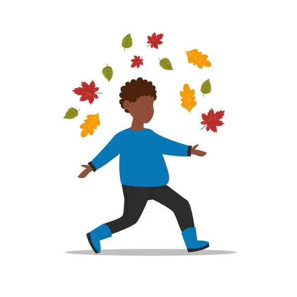 Boy collects leaves. The child runs through the autumn park. — Stock Vector