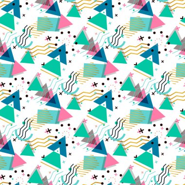 Doku ve kartpostallar için geometrik şekillerin Memphis deseni. Hippi sulu, parlak renk arkaplanı.