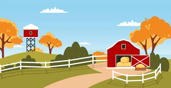 Casa rossa fienile Paesaggio agricolo. Casa rurale campagna agricoltura prato. — Vettoriale Stock
