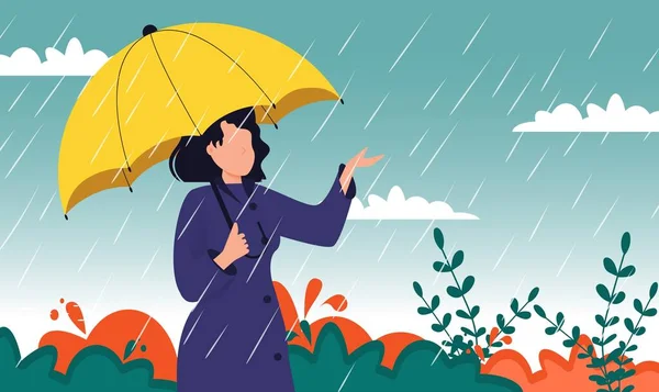 Autumn Landscape City Woman Umbrella Rain Puddles Yellow Trees Enjoying — Stock Vector