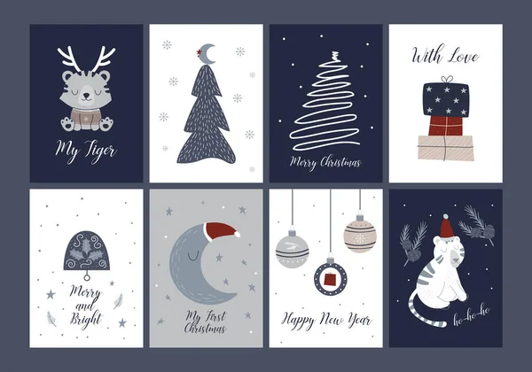 Merry Christmas cards holiday festive Illustration in hand drawn scandinavian style. — Stock Vector