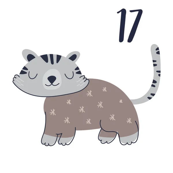 Calendario de Adviento con tigre lindo. Cartel de Navidad — Vector de stock