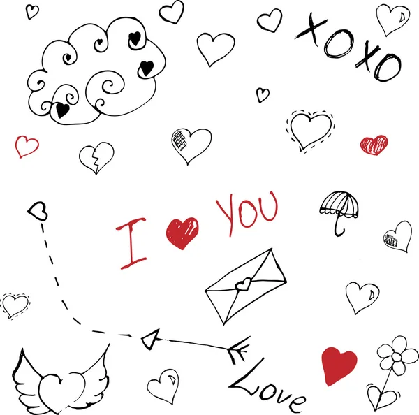 San Valentino amore e cuori Sketchy Doodles Set — Vettoriale Stock