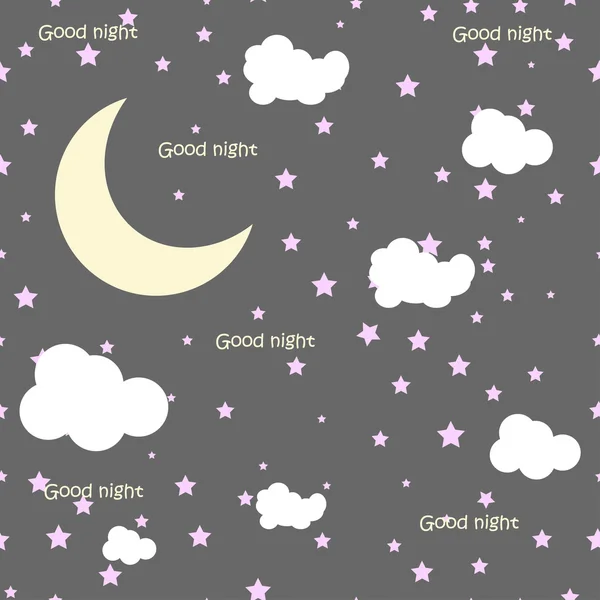 Escena nocturna vectorial con luna y estrellas. Patrón sin costura — Vector de stock