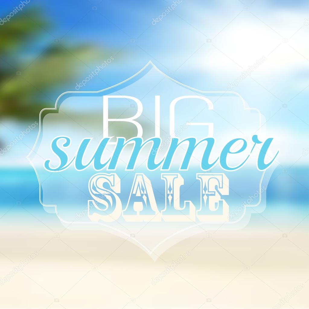 Advertisement about the summer sale on defocused background with beautiful tropical sea beach view. 