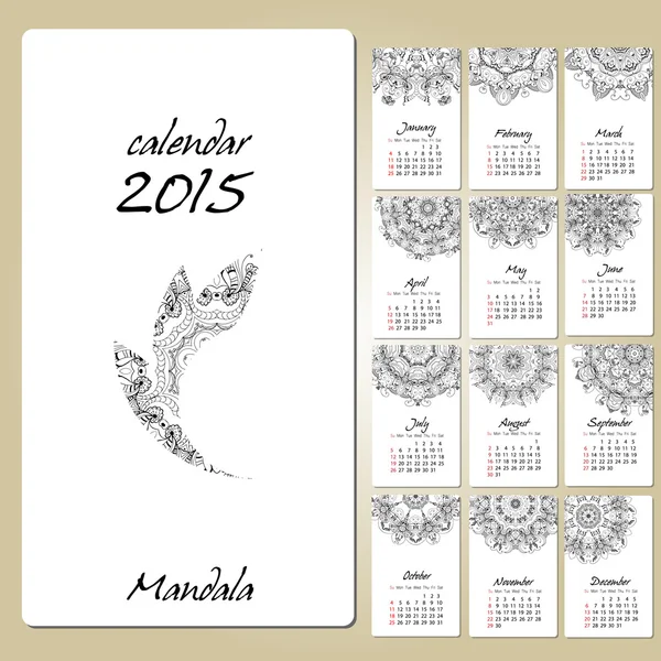 Calendario con adorno redondo mandala 2015 diseño del año, Inglés, Domingo de inicio — Vector de stock