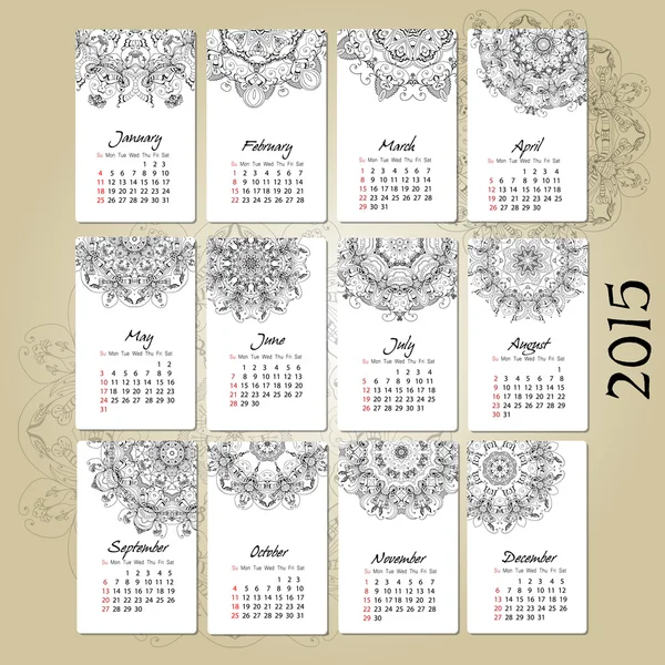 Calendário com ornamento redondo mandala 2015 projeto do ano, Inglês, início de domingo — Vetor de Stock