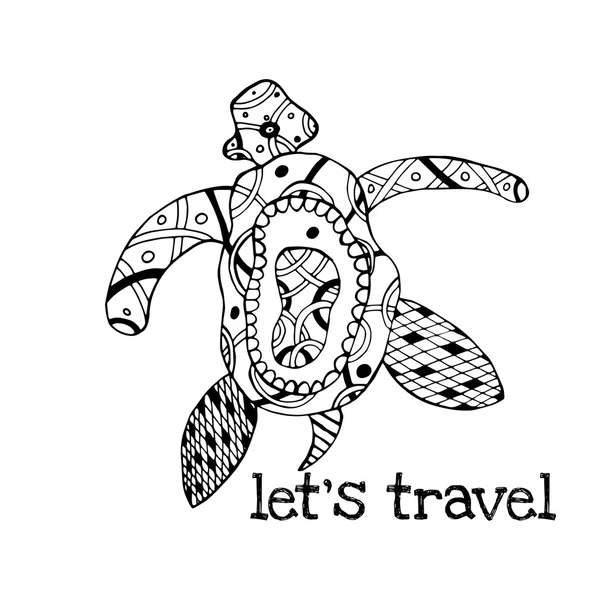 Zentangle tribal stilisierte Schildkröte. handgezeichnete aquatische Doodle-Vektor-Illustration. Skizze für Tätowierung oder Makhenda. — Stockvektor