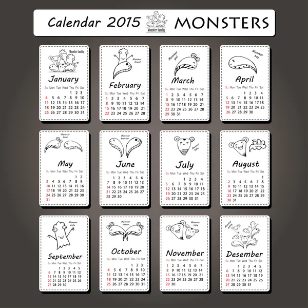 Monster calendar 2015 año de diseño, Inglés, Domingo de inicio — Vector de stock