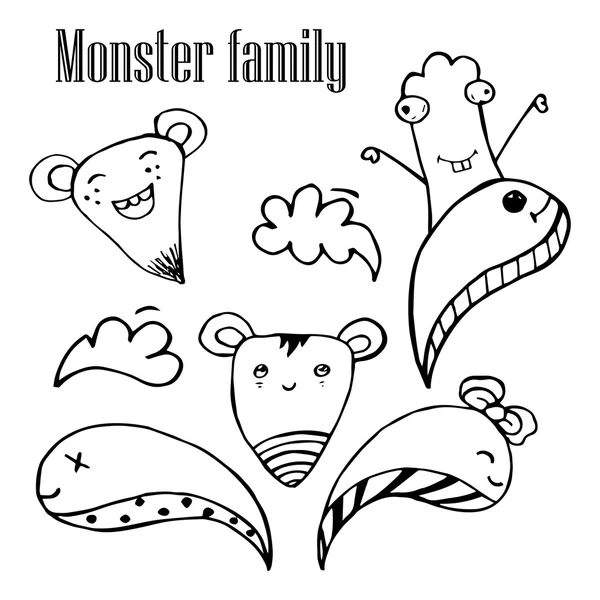 Vector illustration of Monsters and cute alien friendly, cool, cute hand-drawn monsters collection , Doodle Design Elements — Stok Vektör