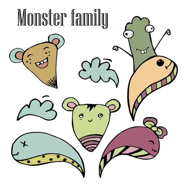 Vector illustration of Monsters and cute alien friendly, cool, cute hand-drawn monsters collection , Doodle Design Elements — Stok Vektör