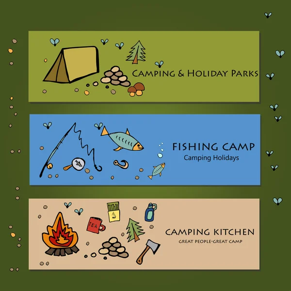 Camping - collezione doodles. Modelli di banner vettoriali con tema doodles camping — Vettoriale Stock