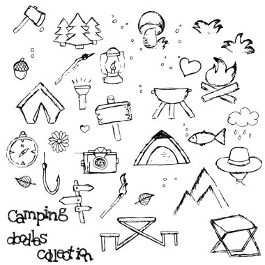 Kamp - koleksiyon doodles. Vektör afiş Şablonlar Tema kamp karalamalar ile ayarla 
