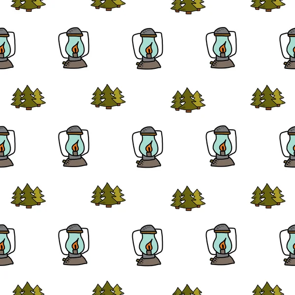 Camping - collection de griffes. dessin à la main camping modèle sans couture — Image vectorielle