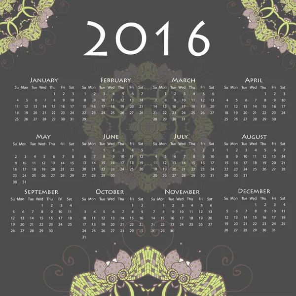 Calendario con mandala redondo para 2016 sobre fondo gris . — Vector de stock