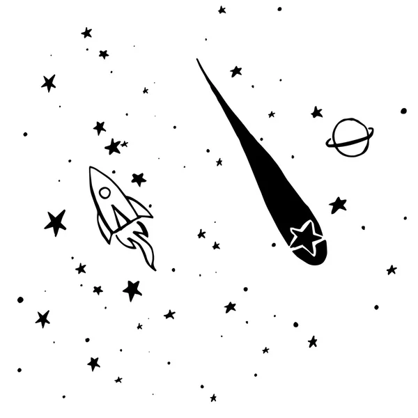 Hand drawn, sketch, cartoon illustration of rocket and stars — ストックベクタ