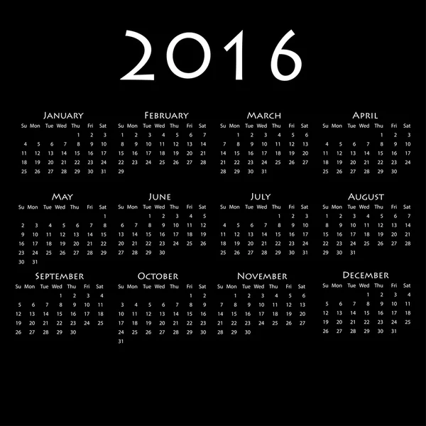 Calendar for 2016 on black background. — Stock Vector