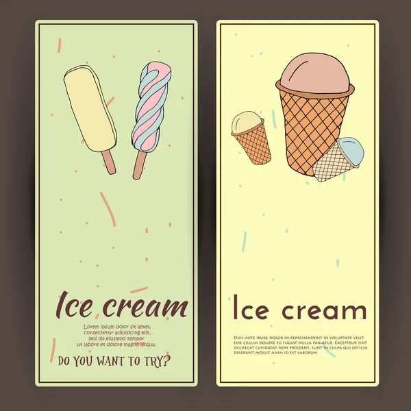 Ilustração vetorial desenhada à mão com sorvete. Conjunto de banners . —  Vetores de Stock