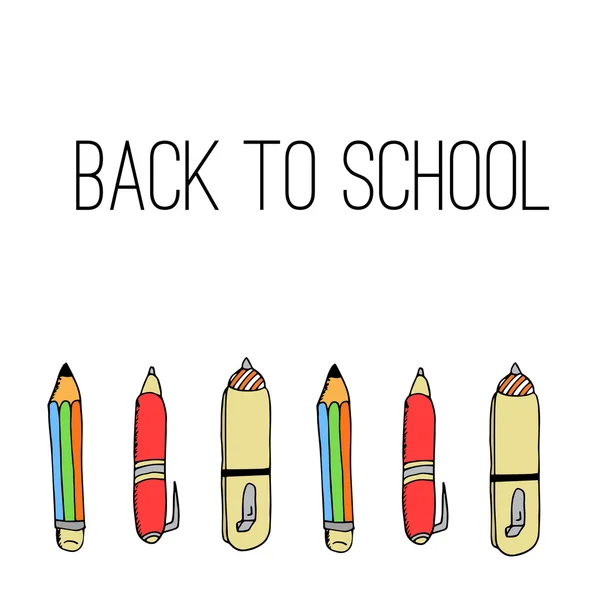 Uit de vrije hand tekenen school items. terug naar school. — Stockvector