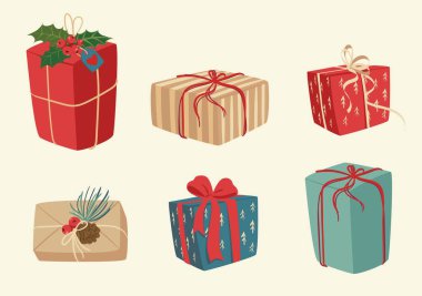 Noel hediye kutuları. Paketlenmiş Noel hediyeleri, kış tatili sürprizleri. Doğum günü veya xmas hediye kutuları düz vektör illüstrasyon seti