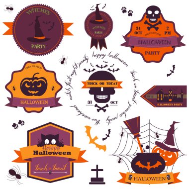 Ayarla, Vintage mutlu Halloween rozetleri ve Labels.Vector illüstrasyon. Şirin Halloween karakterler. Cadılar Bayramı retro dizi şerit - karalama defteri öğeleri. Cadılar Bayramı şeritler, düz simgeleri ve diğer öğeleri