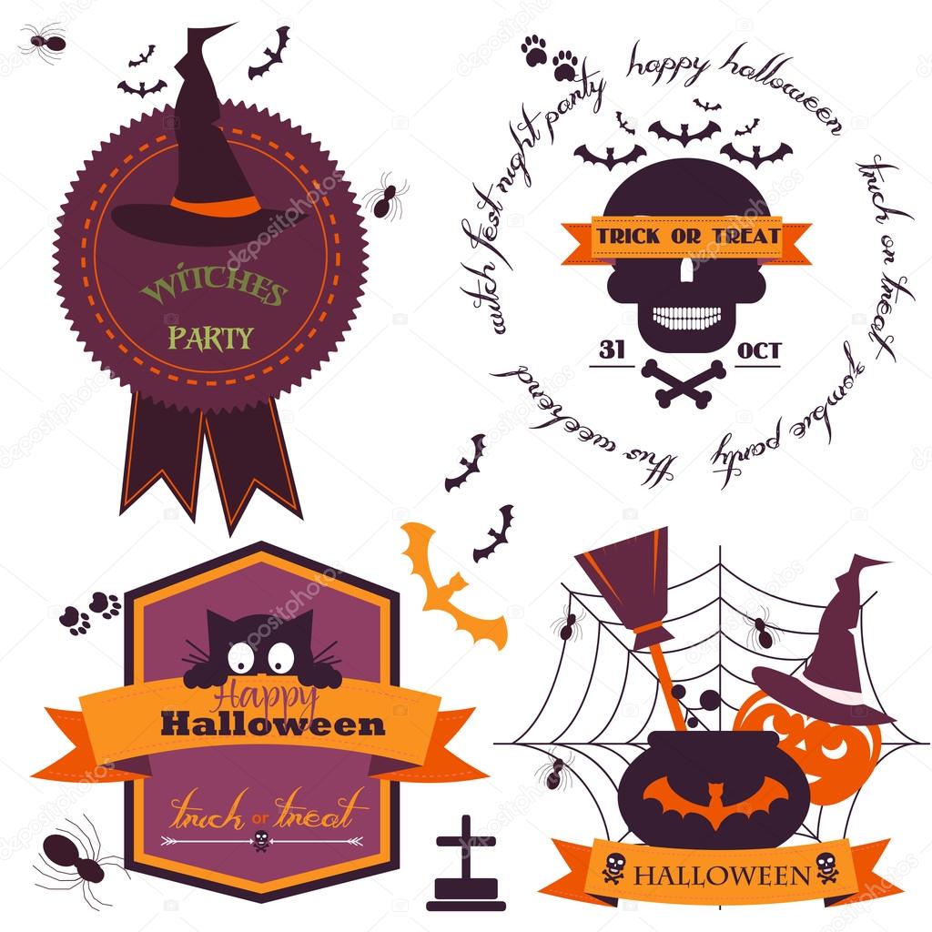 Set Of Vintage Happy Halloween Badges and Labels. Halloween Scrapbook Set. Ribbons, Flat Icons and Other Elements. Vector illustration. Cute Halloween Characters.