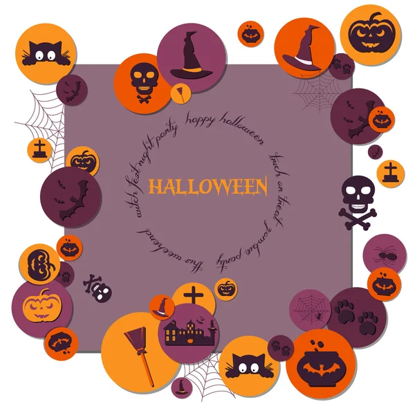 Concept d'Halloween. Icônes plates Disposer sur le cadre avec le plase pour le texte. Ensemble de personnages d'Halloween sur les cercles avec ombre. Éléments de gratte-papier. Chauve-souris, pot, chapeau de sorcière, balai, château, citrouille, araignée, toile , — Image vectorielle