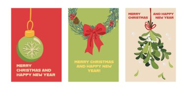 Mutlu Noeller ve mutlu yıllar tebrik kartı seti. Tipografi, Noel ağacı dalları, toplar, kar taneleri desenli modern güzel Xmas tasarımı. Asgari sanat afişi, poster, kapak şablonları