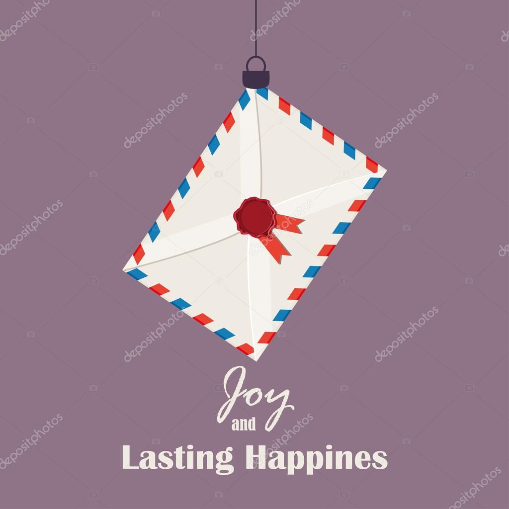 Merry Christmas Vintage Retro Typography Lettering Design Greeting Card with toy airmail envelope stamp