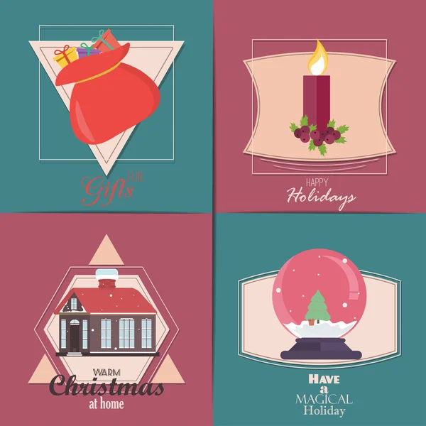 Karácsonyi kártyák gyűjteménye. A téli otthon, karácsony-fa, hógömb és rénszarvas elemek. Ideális nyaralás meghívó, üdvözlőlap. — Stock Vector