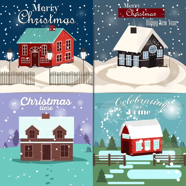 크리스마스 카드의 세트입니다. 과 겨울 집, 크리스마스 트리, 스노우 글로브, 순 록 요소. 이상적인 휴가 초대 또는 인사말 카드. — 스톡 벡터