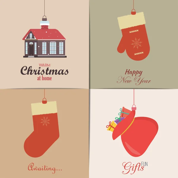 Noel kartları kümesi. Kış ev, xmas ağacı, kar küresi ve Ren geyiği öğeleri ile. Tatil daveti veya tebrik kartı için idealdir. — Stok Vektör