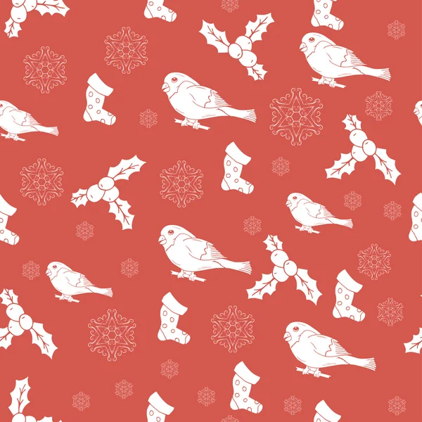 Seamless pattern with hand drawn Christmas tree, snowflake and bullfinch for winter holidays Vintage  New Year design — Stockový vektor