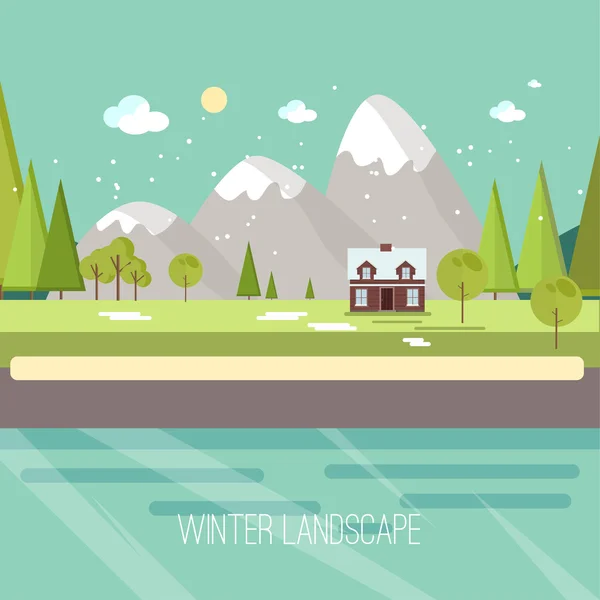 Winter Snow Urban Countryside Landscape City Village Real Estate New Year Christmas Night and Day Background Modern Flat Design Icon Template Vector Illustration Mountain top — Stockový vektor