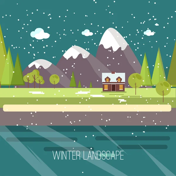 Inverno Neve Campagna urbana Paesaggio Città Villaggio Immobiliare Capodanno Notte di Natale e Giorno Sfondo Moderno Design piatto Icona Template Vettoriale Illustrazione Montagna — Vettoriale Stock