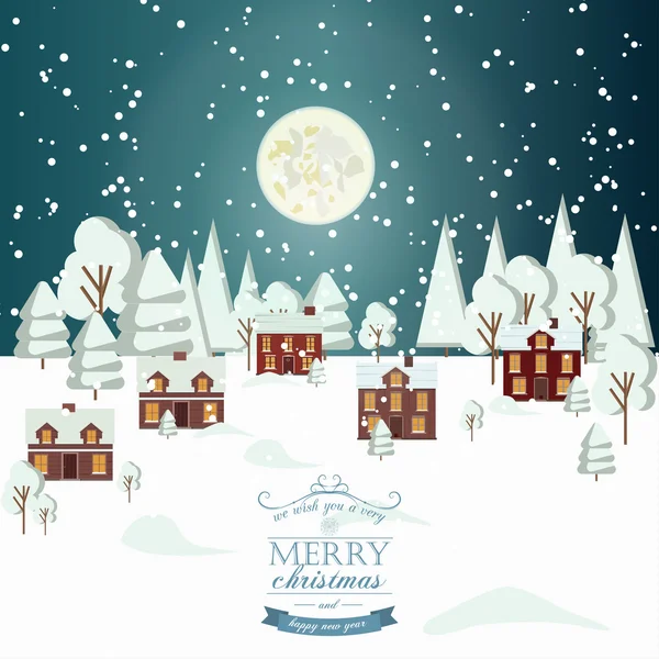 Winter Snow Urban Countryside Landscape City Village Real Estate New Year Christmas Night Background Modern Flat Design Icon Template — Stock Vector