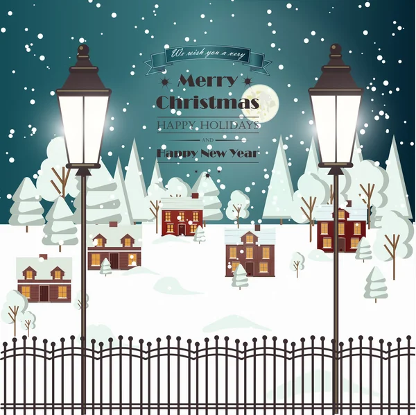 Winter Snow Urban Countryside Landscape City Village Real Estate New Year Christmas Night Background Modern Flat Design Icon Template