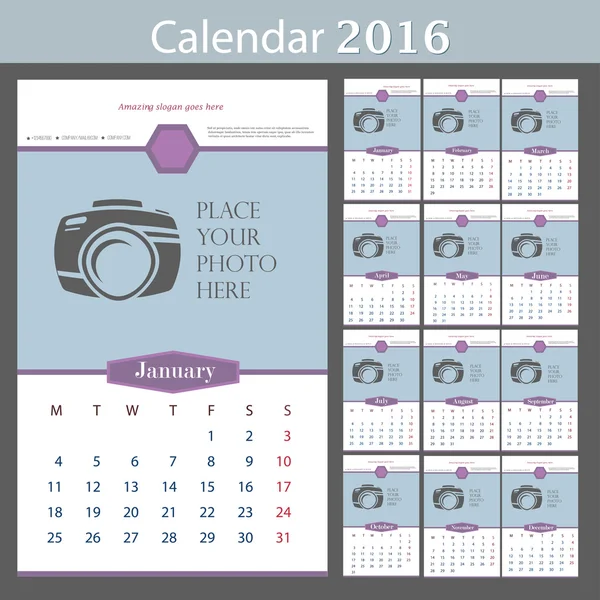 Calendario de pared 2016. Plantilla vectorial con lugar para la foto. 12 meses . — Vector de stock