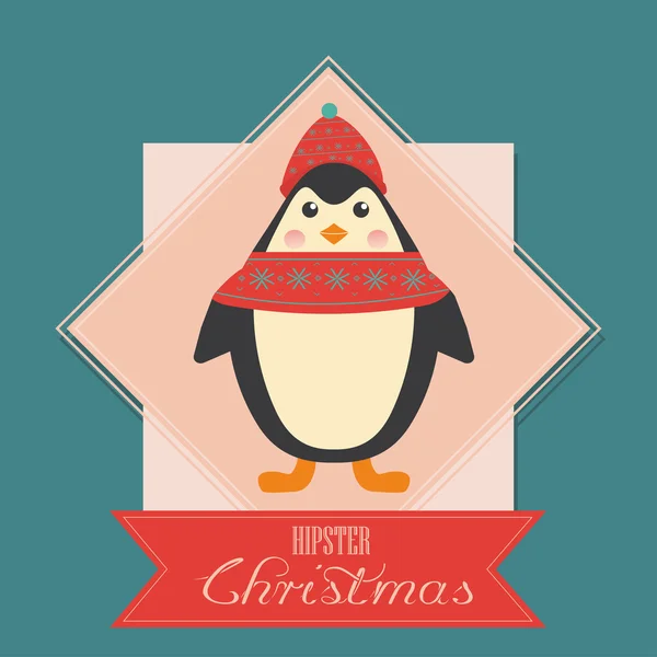 Merry Christmas Vintage Retro Typography Lettering Design Greeting Card with hipster penguin — Stock Vector