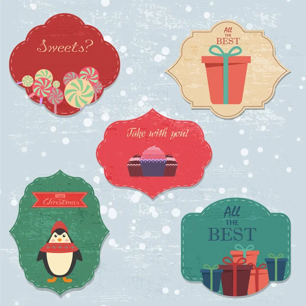 Weihnachtsset mit Zetteln, Aufklebern, Etiketten mit winterlichen und weihnachtlichen Illustrationen und Wünschen. Vorlage für Planer, Grußworte, Glückwünsche, Einladungen. — Stockvektor