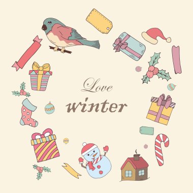 Circle frame with hand drawn knitted winter accessories. Doodle holiday background and place for your text 