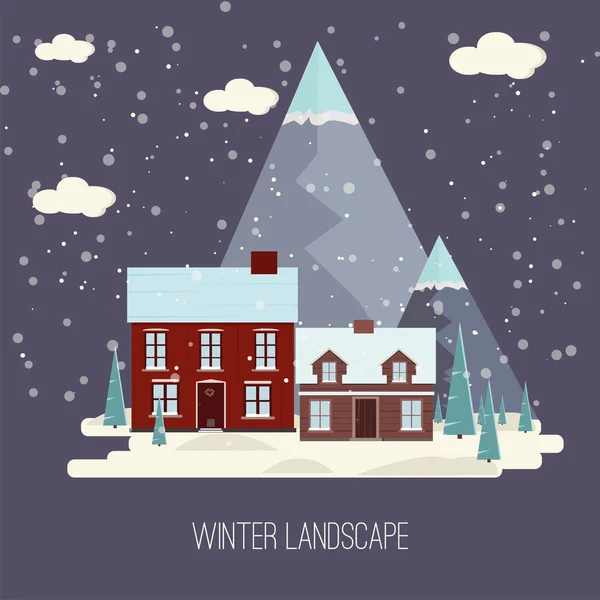 Inverno Neve Campagna urbana Paesaggio Città Villaggio Immobiliare Capodanno Notte di Natale e Giorno Sfondo Moderno Design piatto Icona Template Vettoriale Illustrazione Montagna — Vettoriale Stock