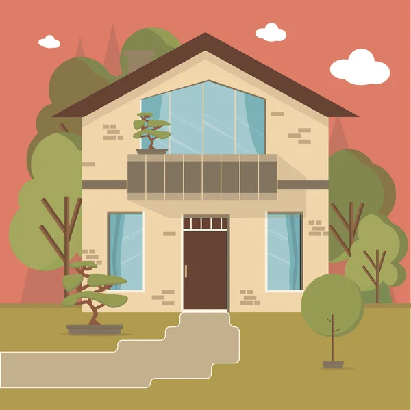 Hermosa casa familiar y pancartas de apartamentos en el fondo de la naturaleza — Vector de stock