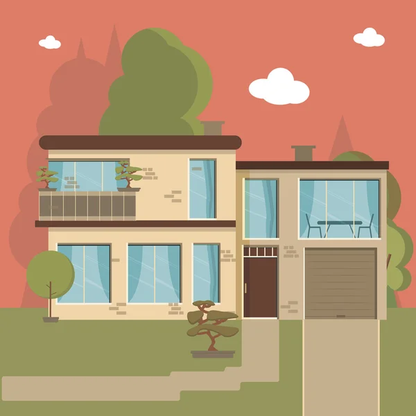 Hermosa casa familiar y pancartas de apartamentos en el fondo de la naturaleza — Vector de stock