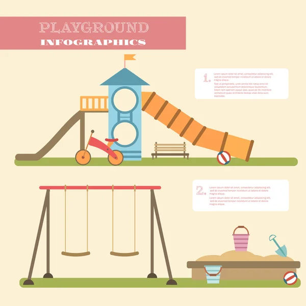 Playground infographic elements vector flat illustration.Kids playing equipment infographics set — Stockový vektor