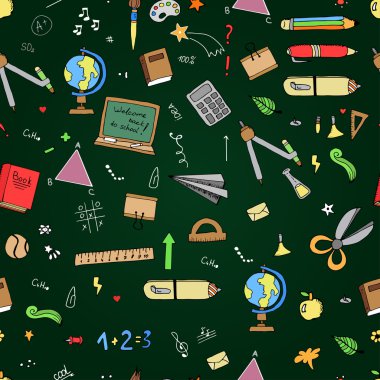 Serbest çizim okul öğeleri tahtaya. Okula dönüş. Vektör çizim. Ayarla