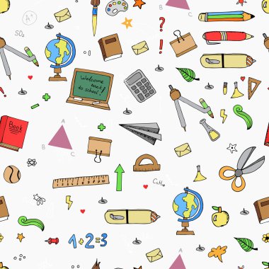 Serbest çizim okul öğeleri tahtaya. Okula dönüş. Vektör çizim. Ayarla