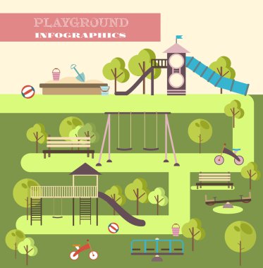 Playground infographic elements vector flat illustration.Kids playing equipment infographics set 